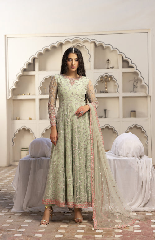 Woman in a light green traditional outfit with a white background