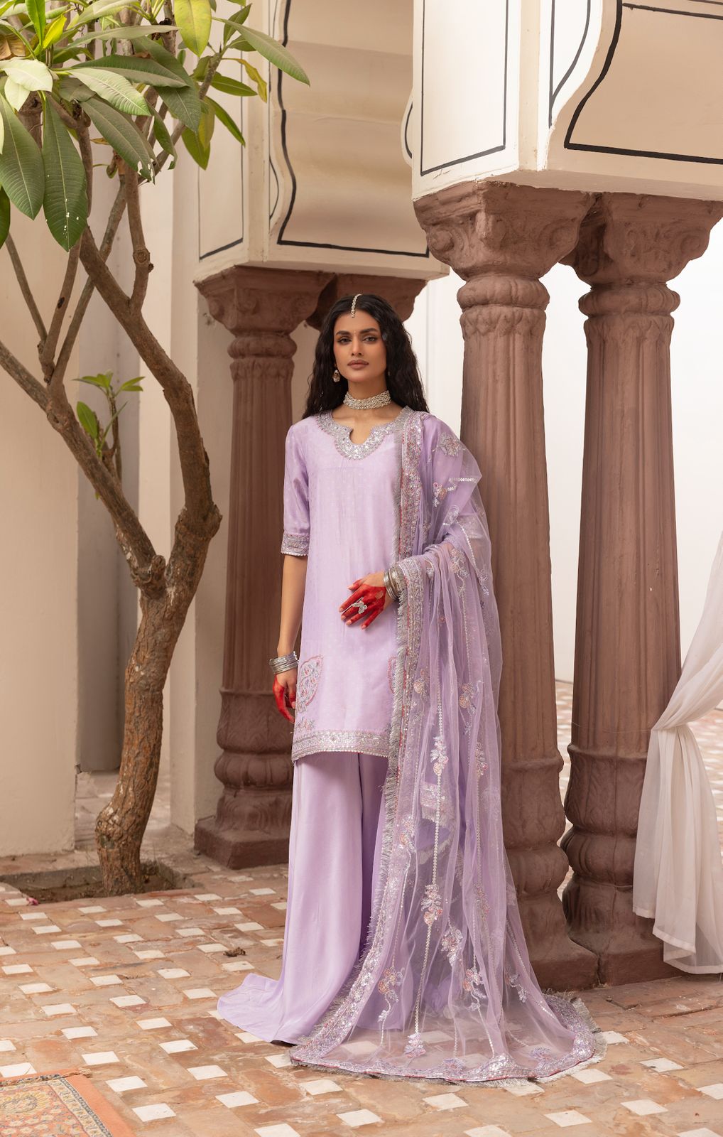 Embrozia – Lavender Silk Dress with Minimal Leaf Embroidery – Joban.pk