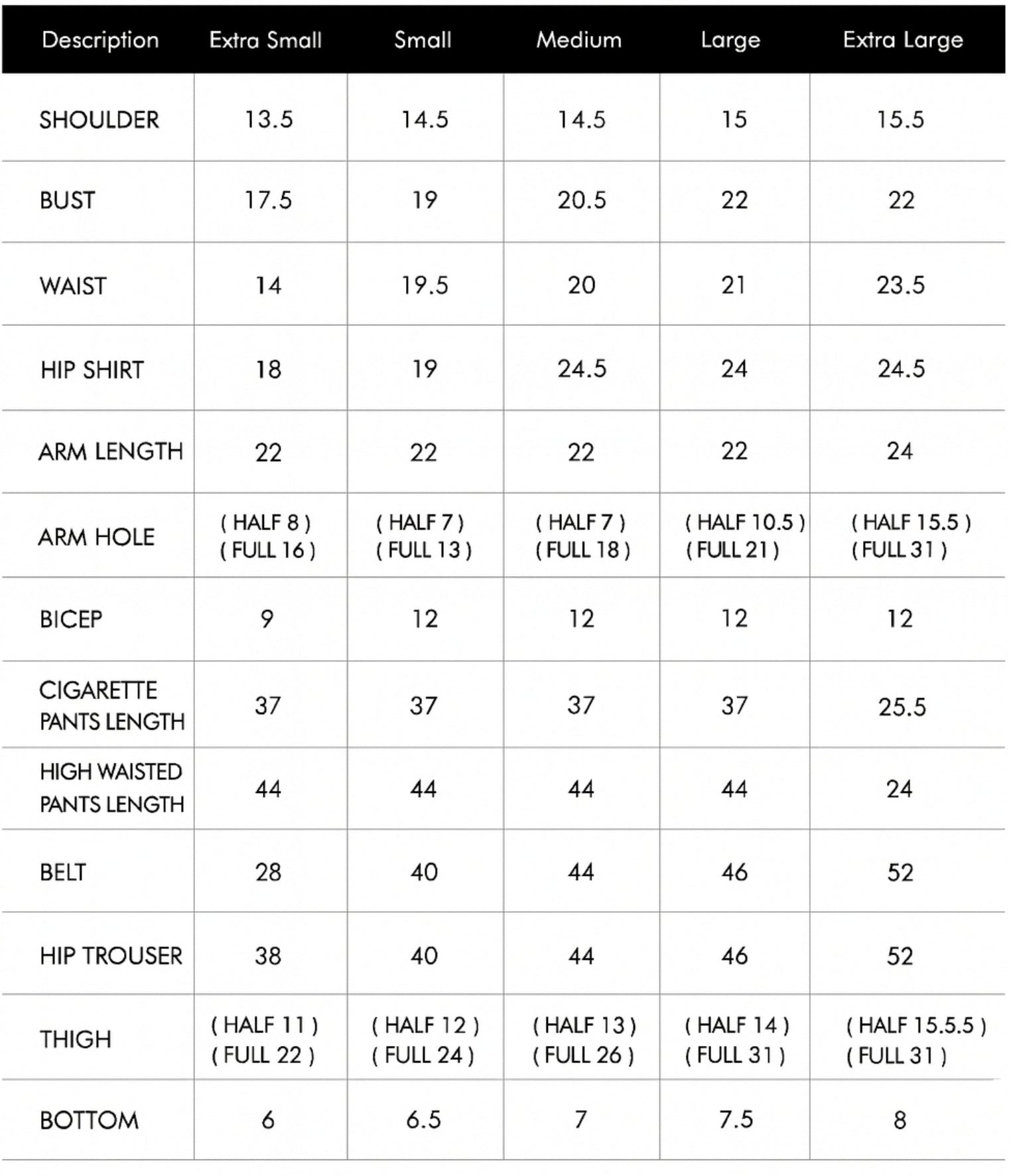 Size chart for clothing with measurements in centimeters, branded 'Joulan'.